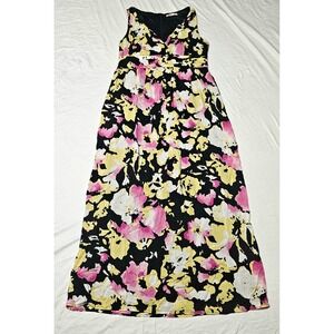 Old Navy Maxi Dress Womens 14 Black Pink Yellow Floral V-Neck Sleeveless Rayon